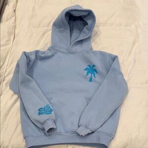 Pink Palm Puff Everything Comes In Waves Light Blue Hoodie. XXS